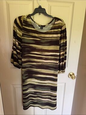 Perceptions New York DressStriped Watercolor Shift Dress in Olive, Brown & Cream